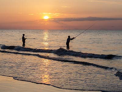 Surf fisherman in the early morning on a South Carolina beach.