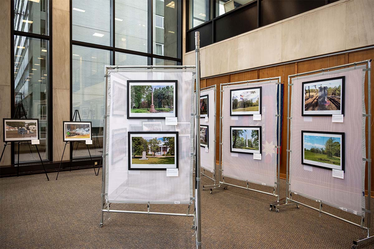 Photos displayed in the State Library lobby from the Revolutionary South Carolina: A Photographic Journey by Marie and Eddie Goff exhibit.