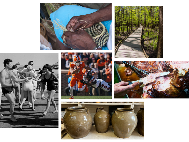 A collage of South Carolina culturual icons - woven baskets, pottery, college football the Shag dance, whole hog barbecue, and the natural beauty of Congaree Swamp.