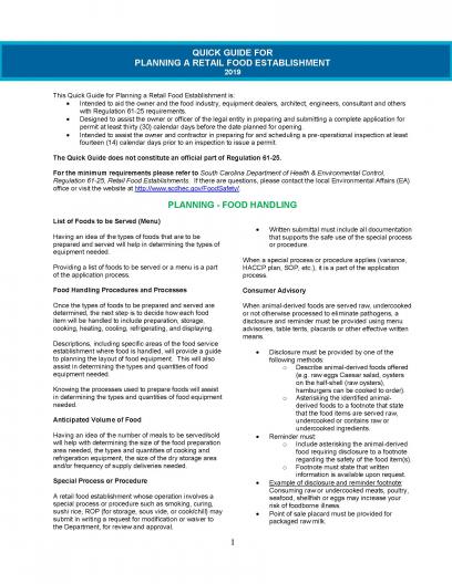 DHEC Quick Guide Planning Food 2019 page 1 image