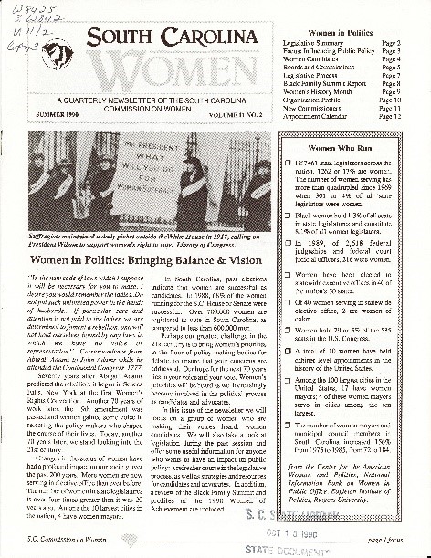 Cover of South Carolina Women – Summer 1990, Volume 11 No. 2