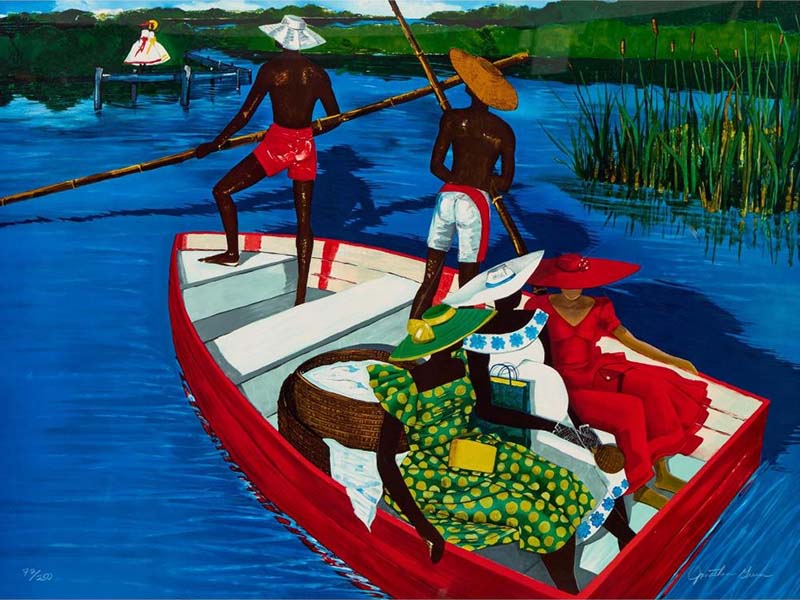 Painting from From Deep Roots to New Grounds by Johnatheen Green depicting two men poling a red boat filled with three women in fancy patterned dress and matching hats in the Lowcountry tidal marshes.