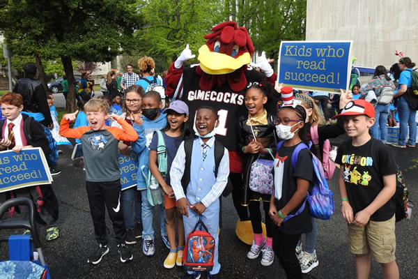 Students and Cocky the USC mascot participating in the annual Read-In.