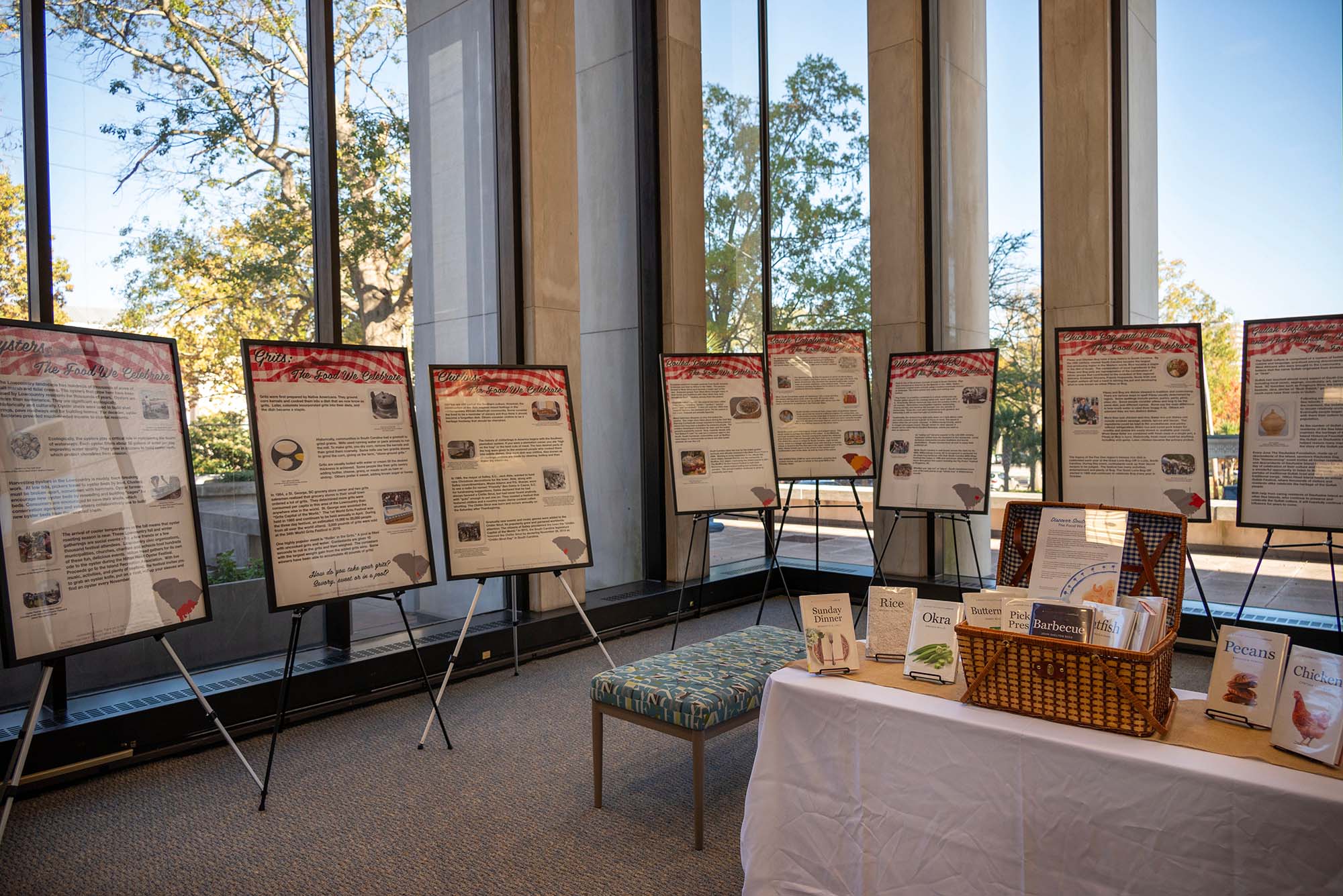 Easels in the South Carolina State Library lobby with posters describing South Carolina food traditions