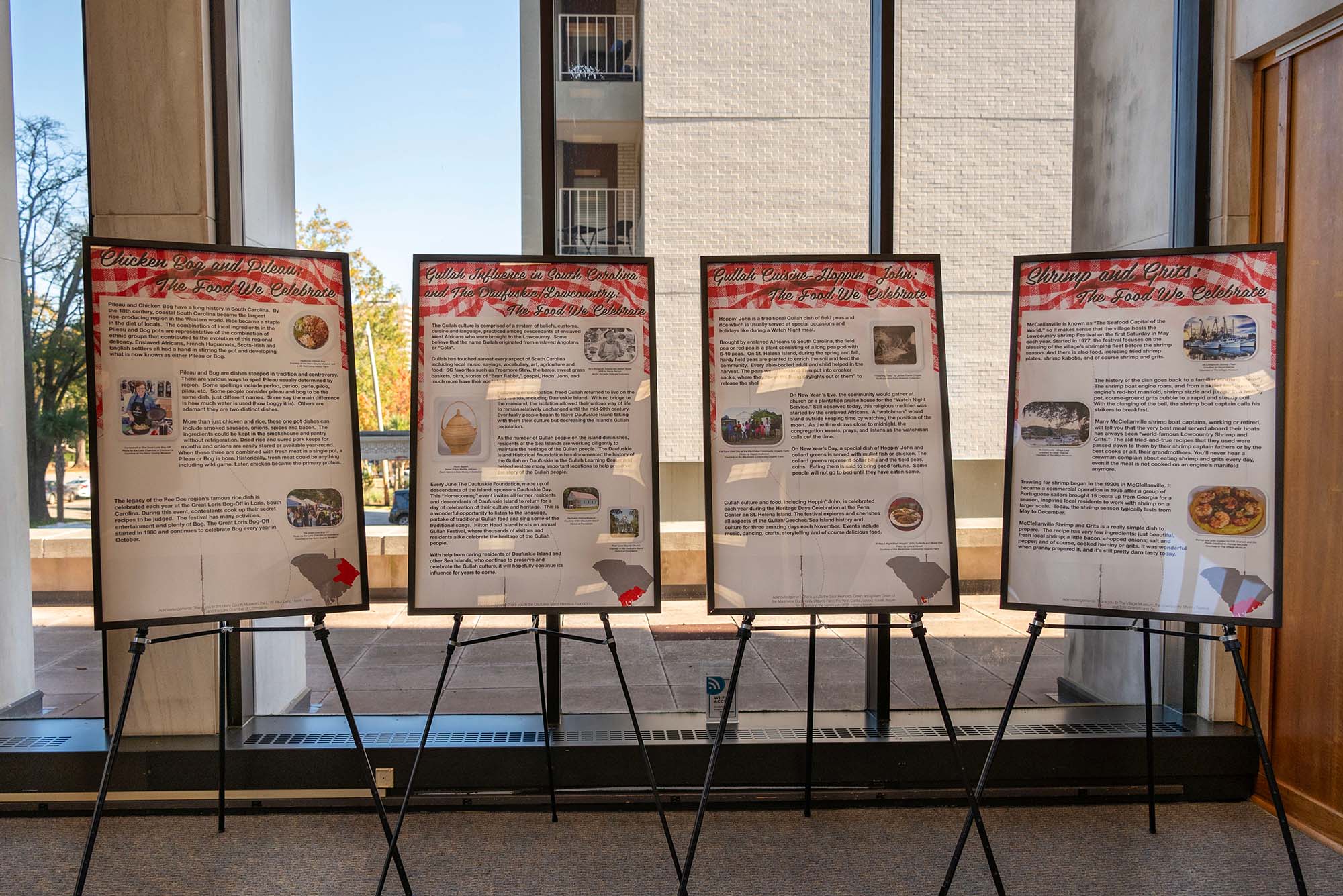 easels with posters describing more South Carolina food traditions