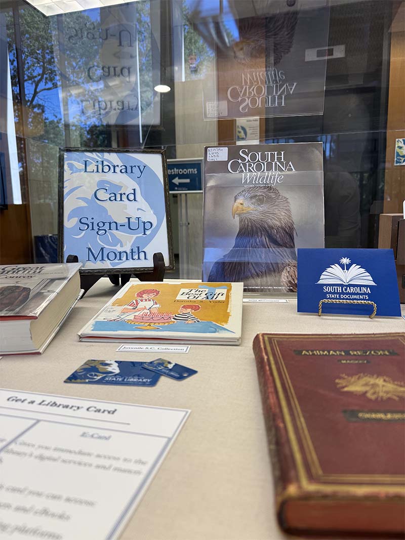 Items in the display case featured library cards and brochures.