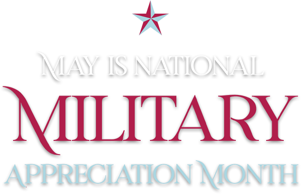 Logo text stating May is Military Appreciation Month in red, white, and blue.