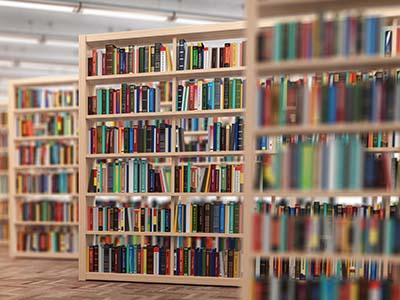 Library books on shelves.