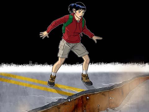 Comic image of a young women with a backpack being startled by a road cracking open from an earthquake.