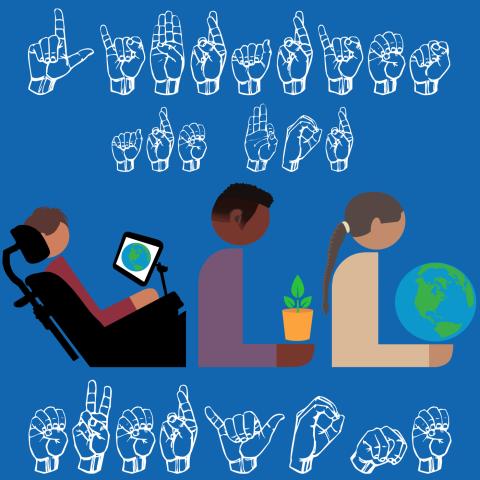 An illustration shows three diverse, illustrated people. Above them is hands showing various sign language signs. 