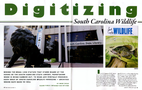 The article headline says, "Digitizing." Under it there is an exterior photo of the South Carolina State Library and an a past cover of Sout Carolin Wildlife magazine. 