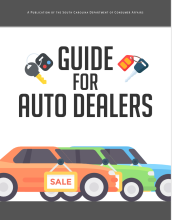 The cover of the,, "Guide for Auto Dealers" shows and illustration of cars for sale. 